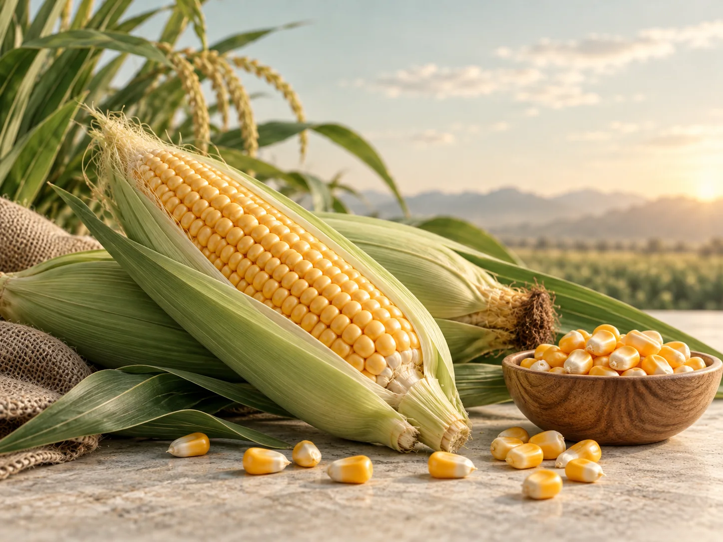 Yellow maize cobs and loose kernels with their green husks.
